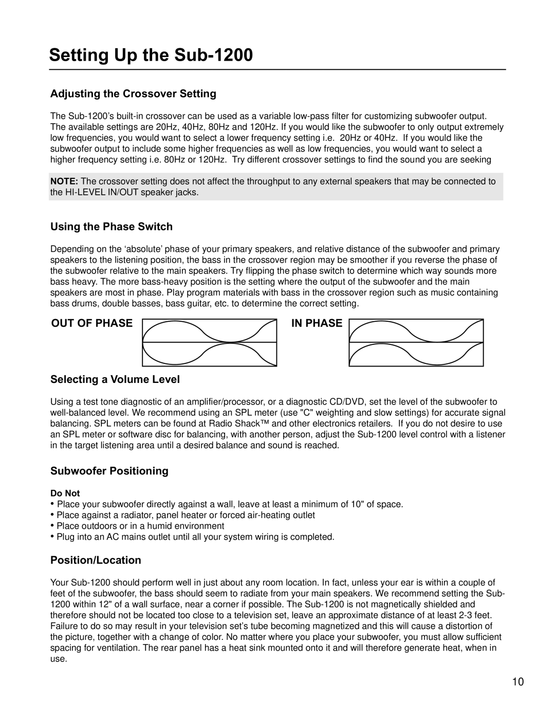 VocoPro SUB-1200 instruction manual Setting Up the Sub-1200, OUT of Phase 