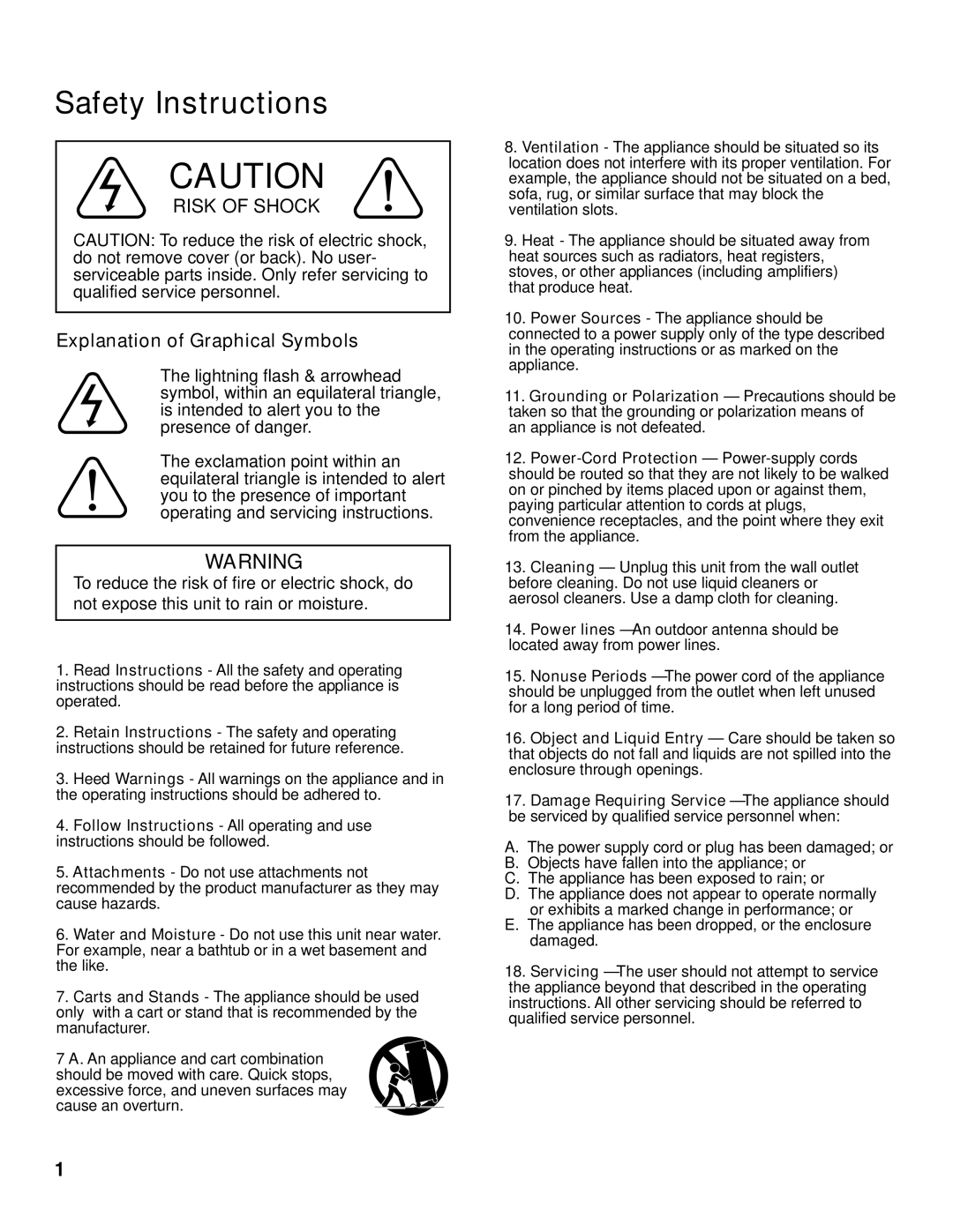 VocoPro SUB-1200 instruction manual Safety Instructions, Risk of Shock, Explanation of Graphical Symbols 