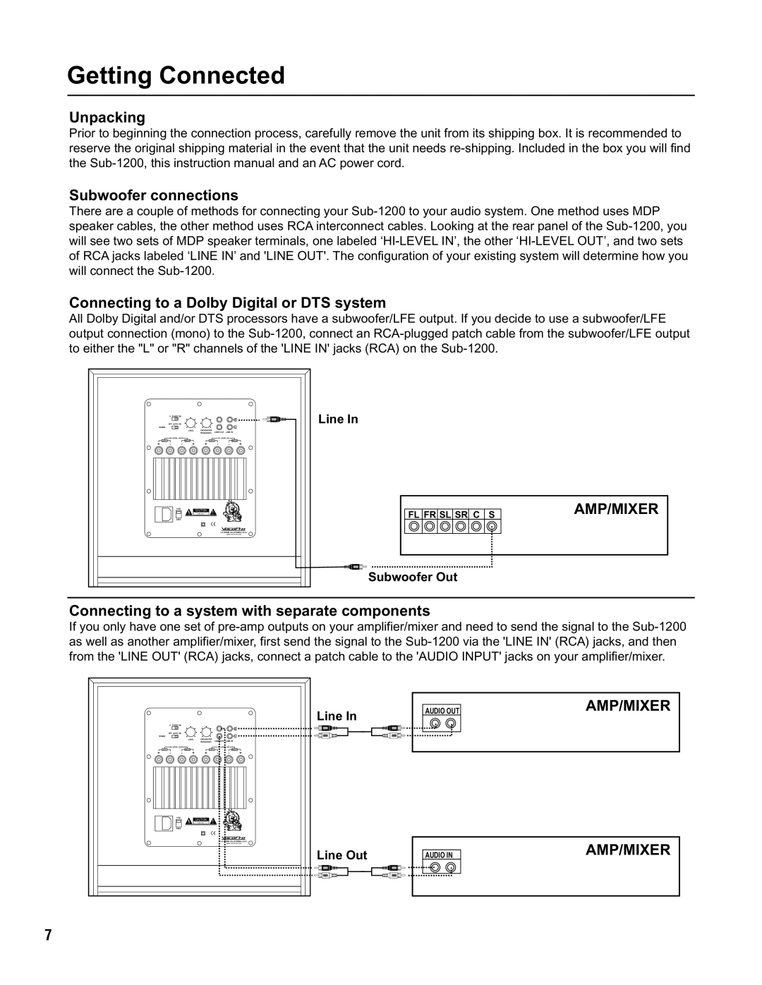 VocoPro SUB-1200 Getting Connected, Unpacking Subwoofer connections, Connecting to a Dolby Digital or DTS system 