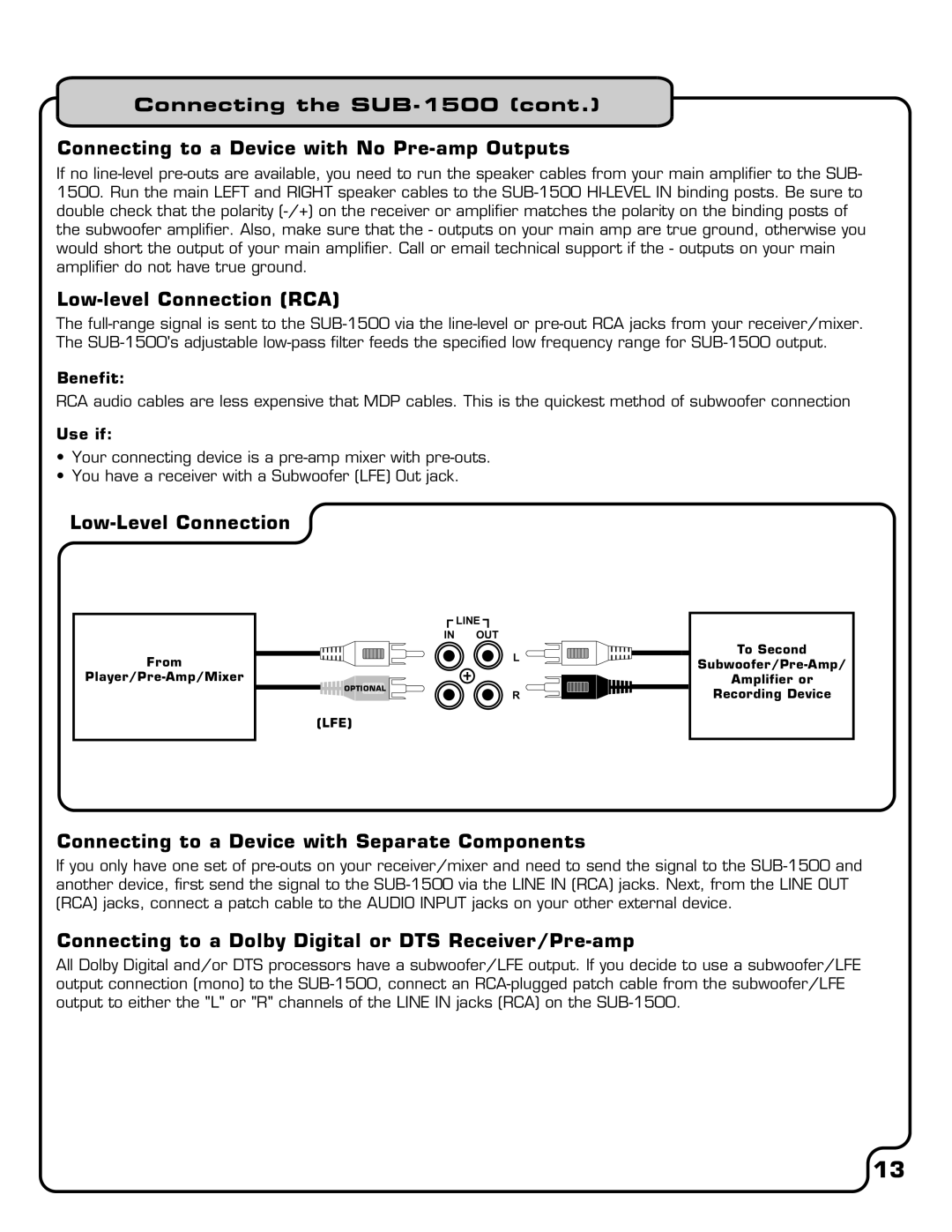 VocoPro owner manual Connecting the SUB-1500cont, Connecting to a Device with No Pre-ampOutputs, Low-levelConnection RCA 