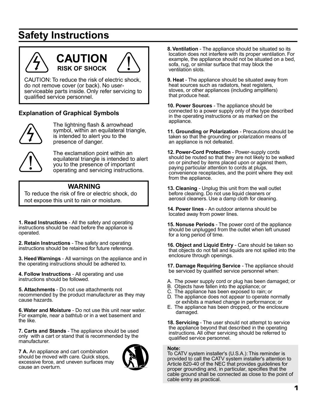 VocoPro SUB-1500 owner manual Safety Instructions, Risk Of Shock, Explanation of Graphical Symbols 