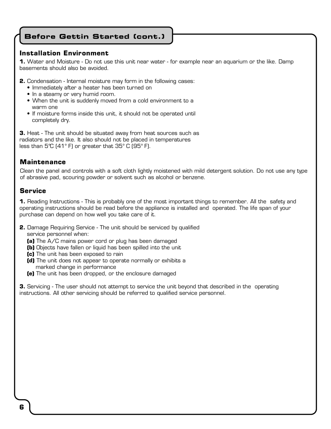 VocoPro SUB-1500 owner manual Before Gettin Started Installation Environment, Maintenance, Service 