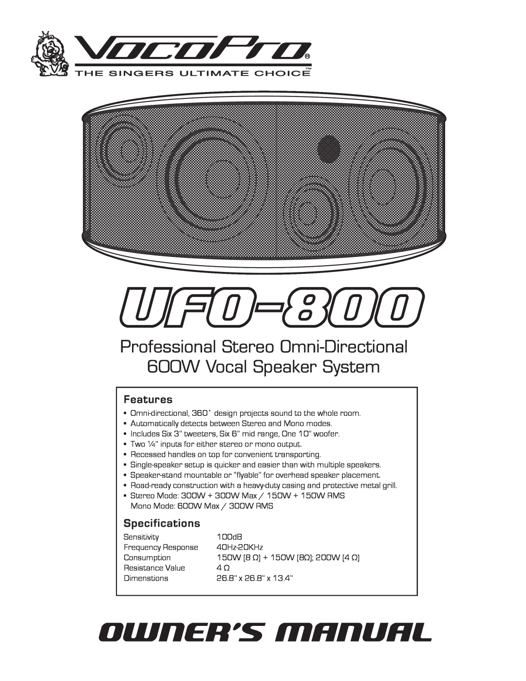 VocoPro UFO-800 specifications Features, Specifications 