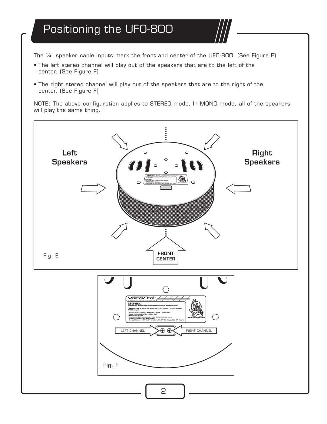 VocoPro specifications Positioning the UFO-800, Fig. E 