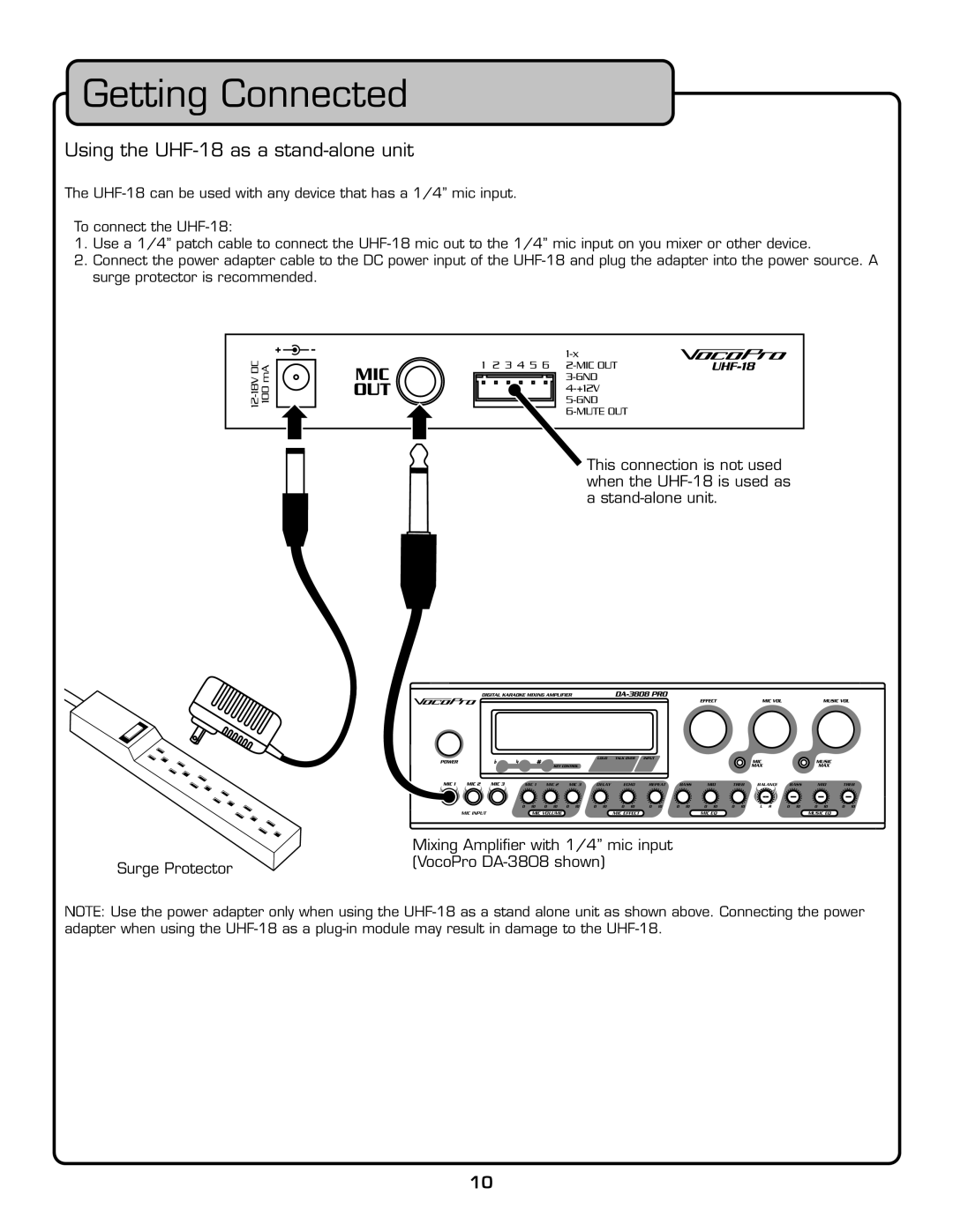 VocoPro owner manual Getting Connected, Using the UHF-18 as a stand-alone unit 