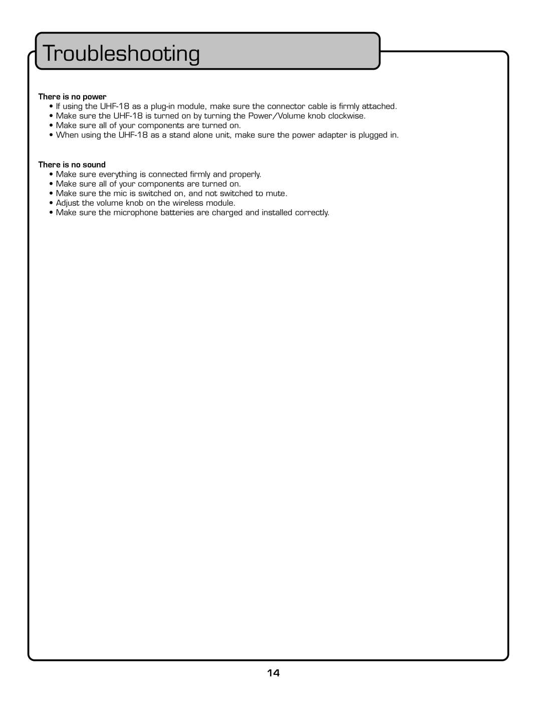 VocoPro UHF-18 owner manual Troubleshooting, There is no power 