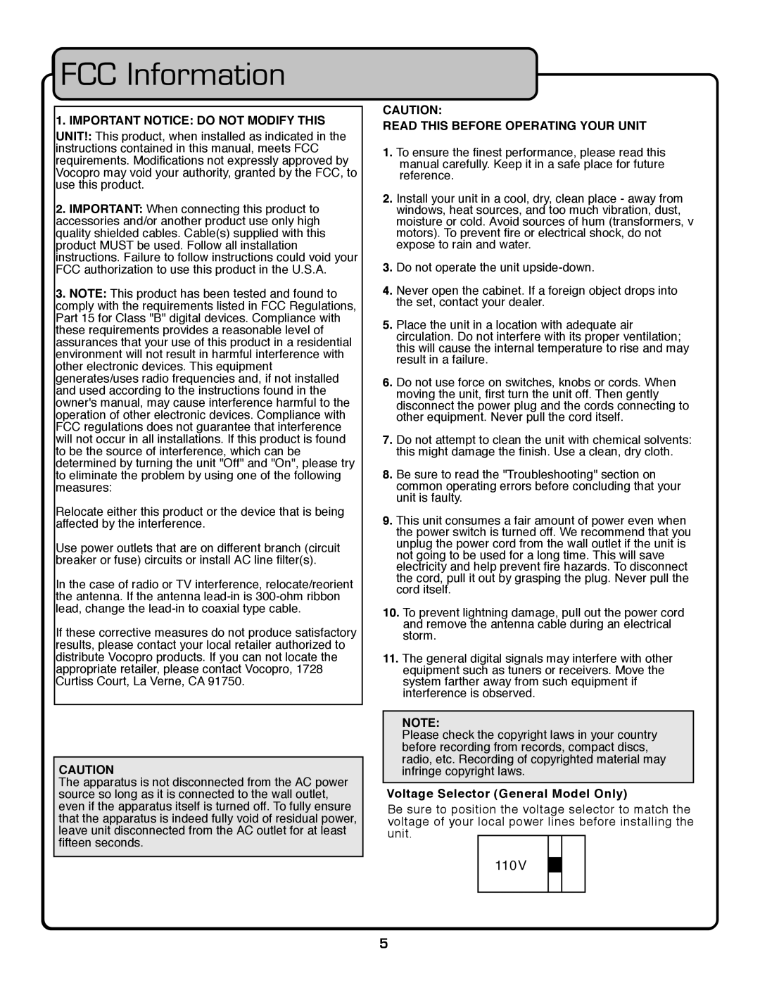 VocoPro UHF-18 owner manual FCC Information, Important Notice do not Modify this 