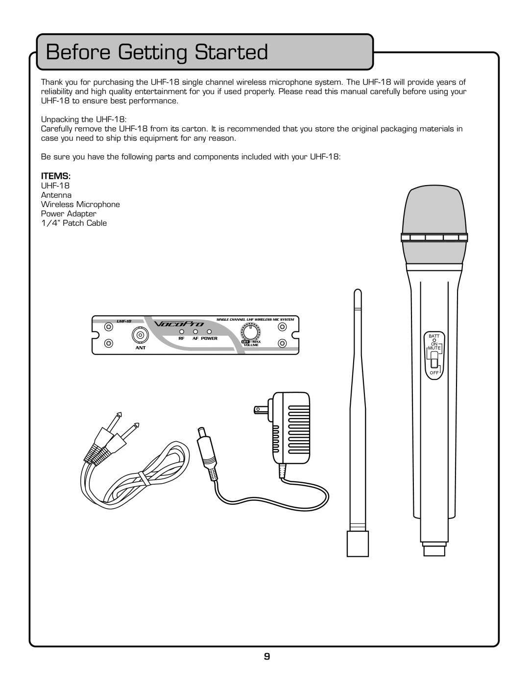 VocoPro UHF-18 owner manual Before Getting Started 