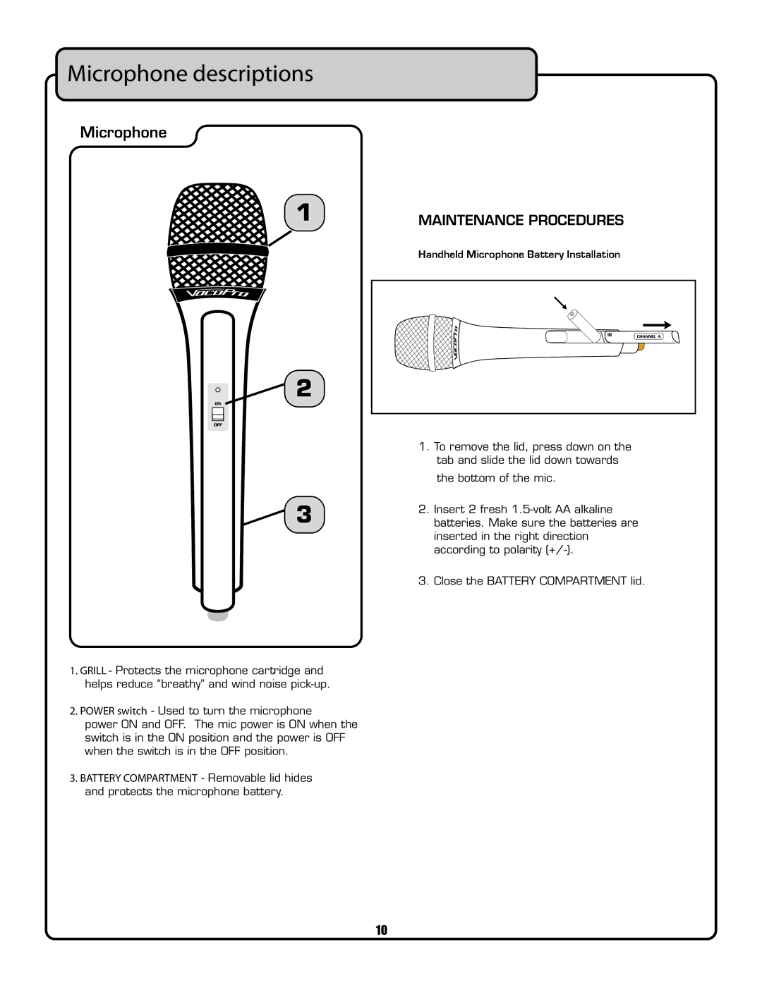 VocoPro UHF-3200 owner manual Microphone descriptions, Handheld Microphone Battery Installation 