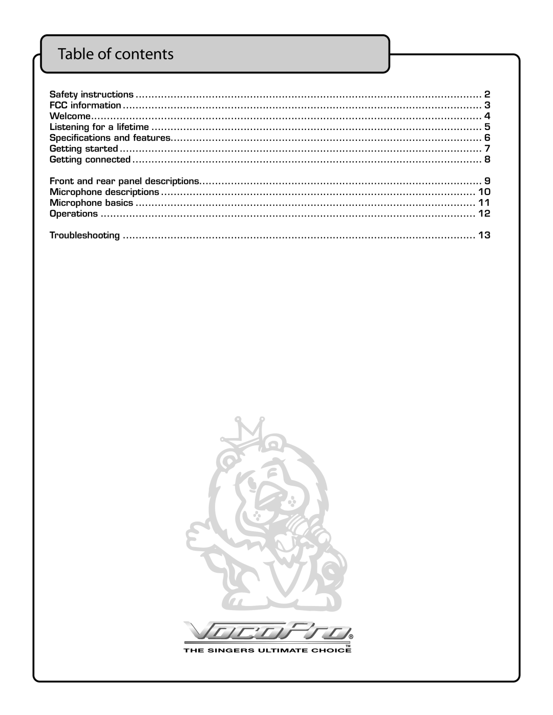 VocoPro UHF-3200 owner manual Table of contents 