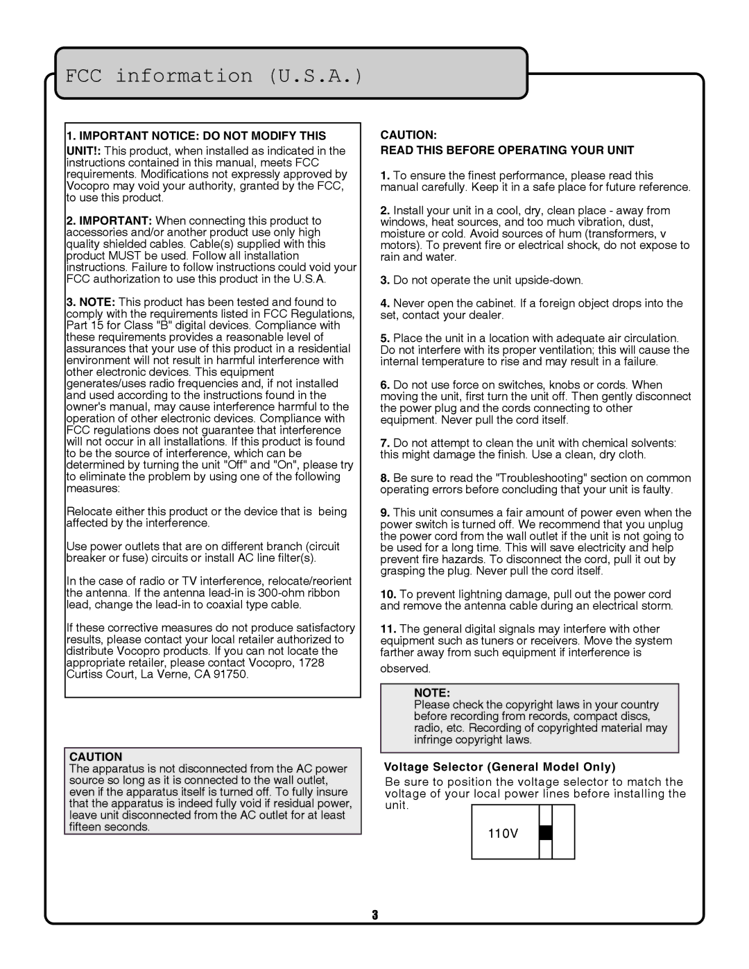 VocoPro UHF-3200 owner manual FCC information U.S.A 