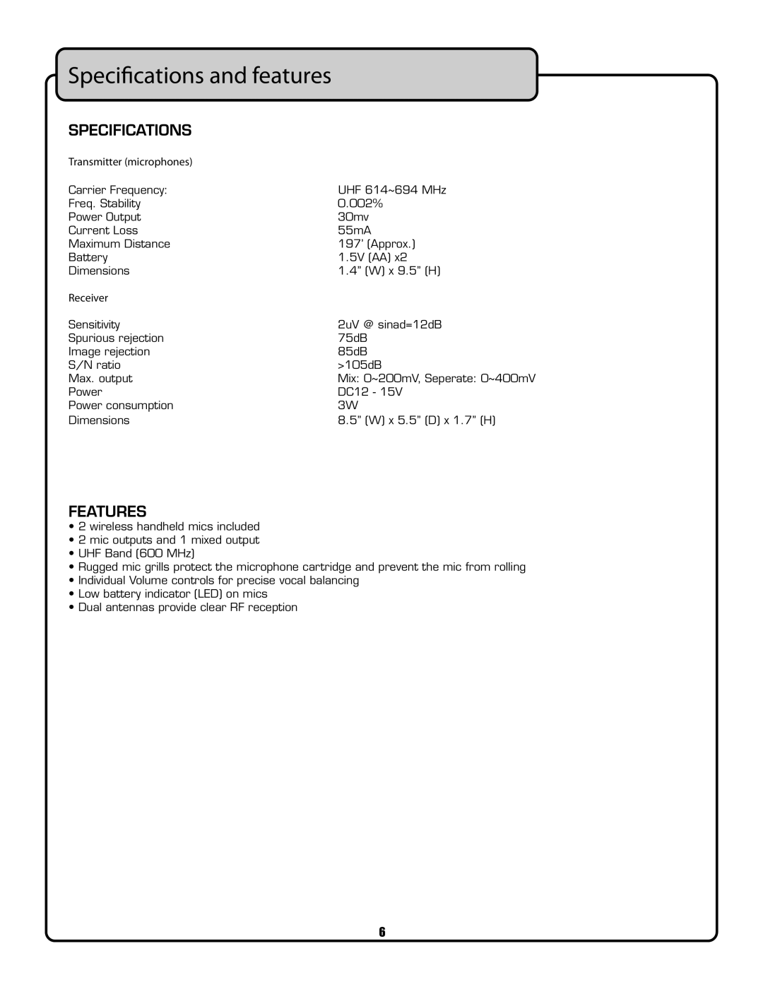 VocoPro UHF-3200 owner manual Speciﬁcations and features, Specifications, Features, Transmitter microphones, Receiver 