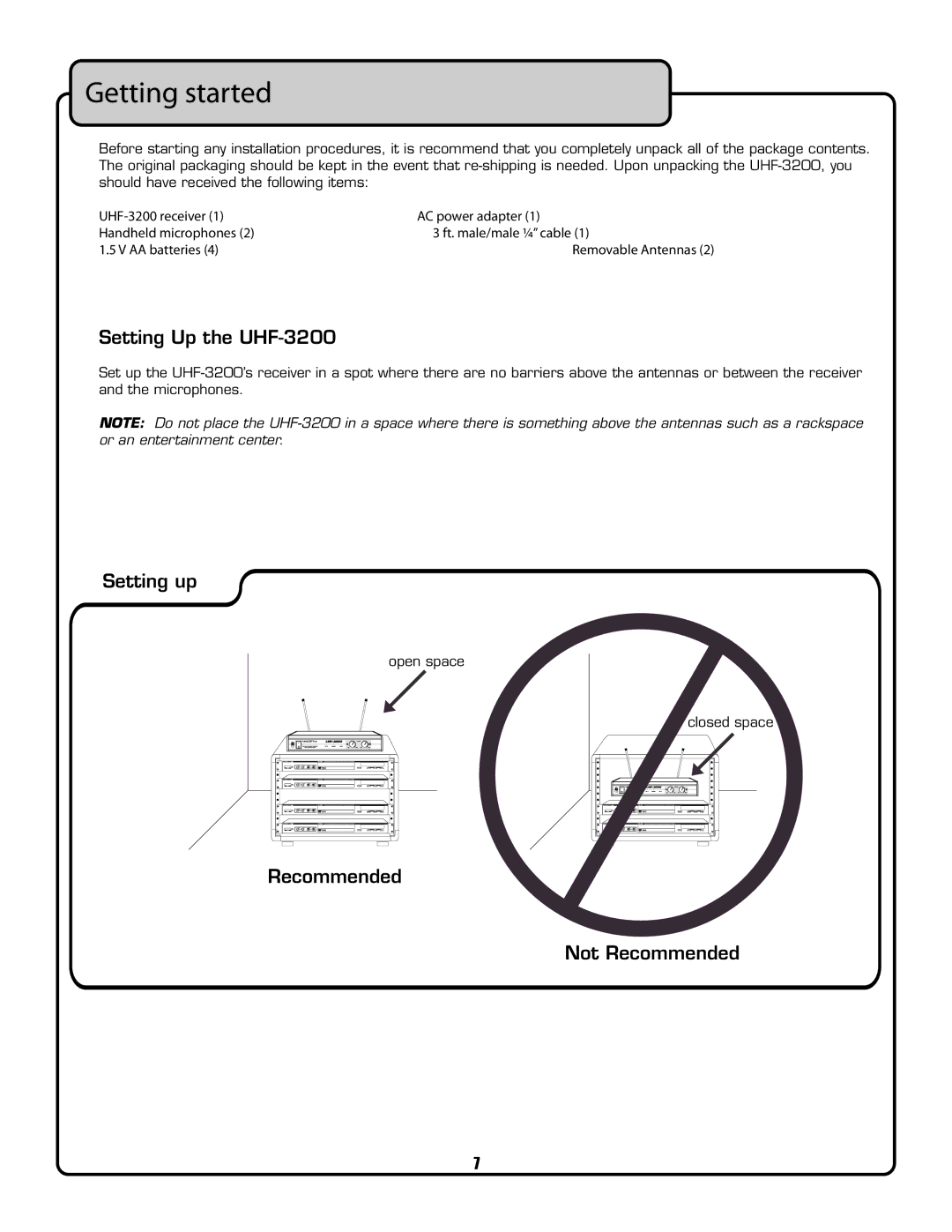 VocoPro owner manual Getting started, Setting Up the UHF-3200, Setting up, Recommended Not Recommended 