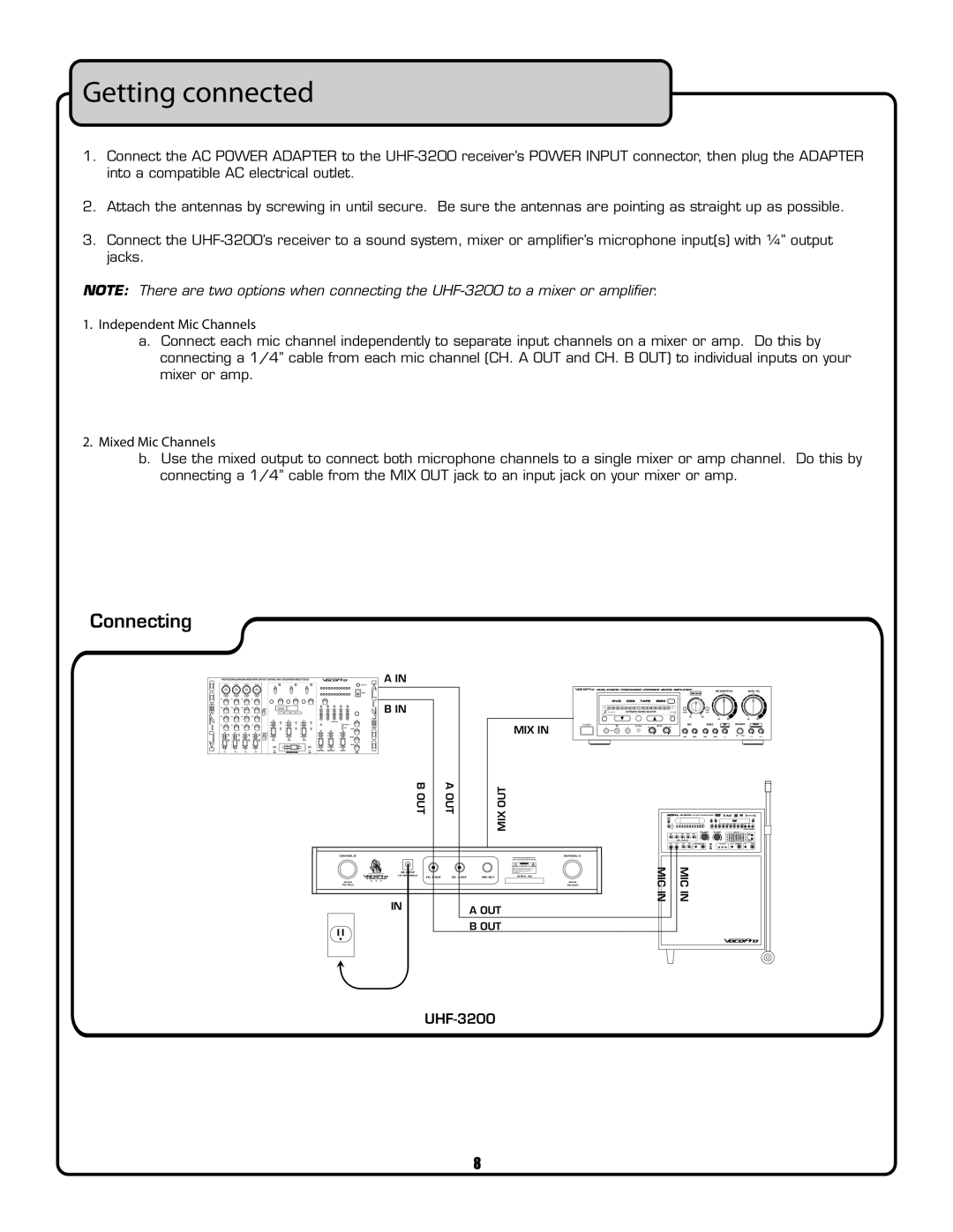 VocoPro UHF-3200 owner manual Getting connected, Connecting, Independent Mic Channels, Mixed Mic Channels 