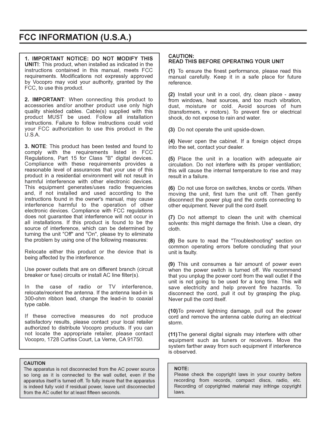 VocoPro UHF-388 owner manual FCC Information U.S.A 