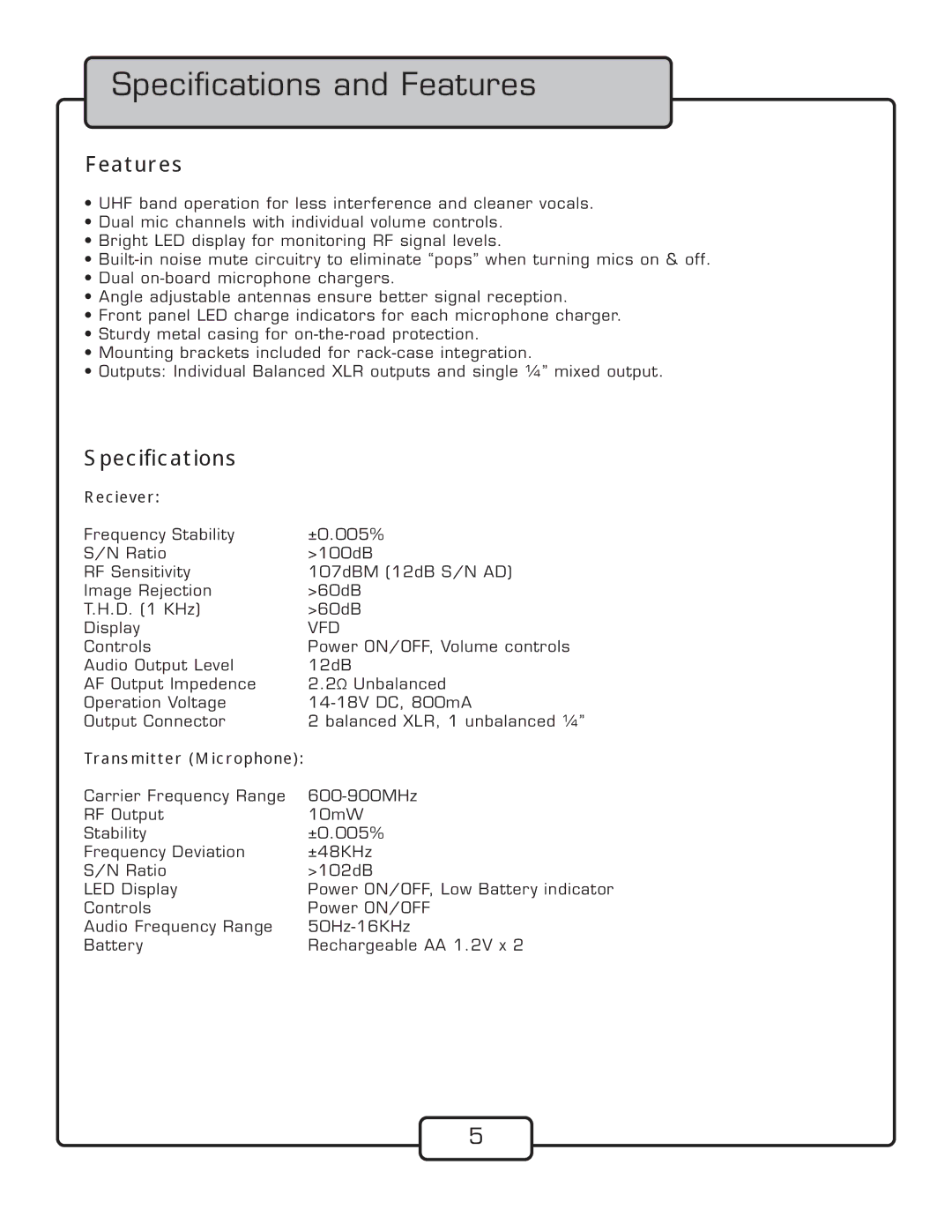 VocoPro UHF-388 owner manual Speciﬁcations and Features 