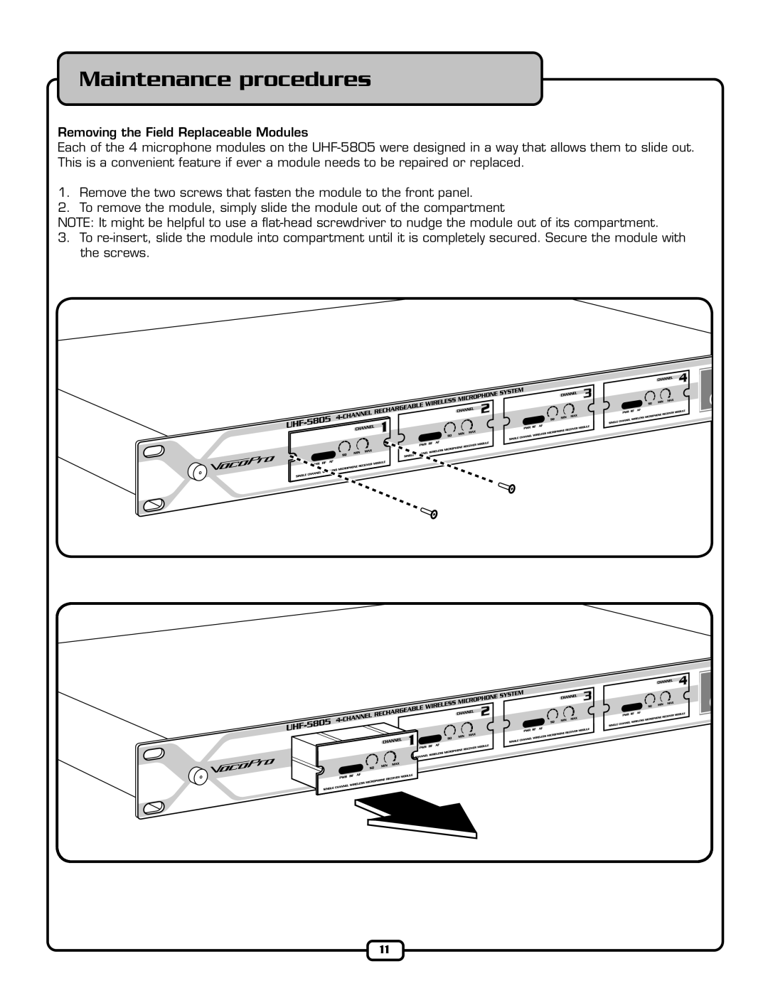 VocoPro UHF-5805 dimensions Maintenance procedures 