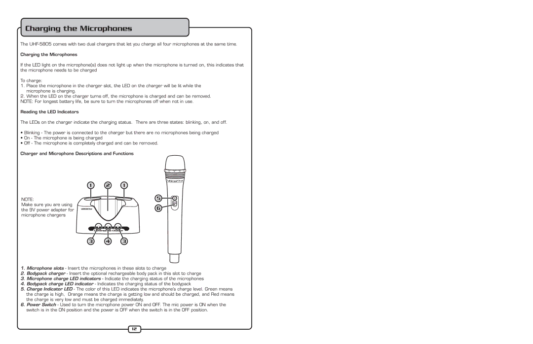 VocoPro UHF-5805 dimensions Charging the Microphones 