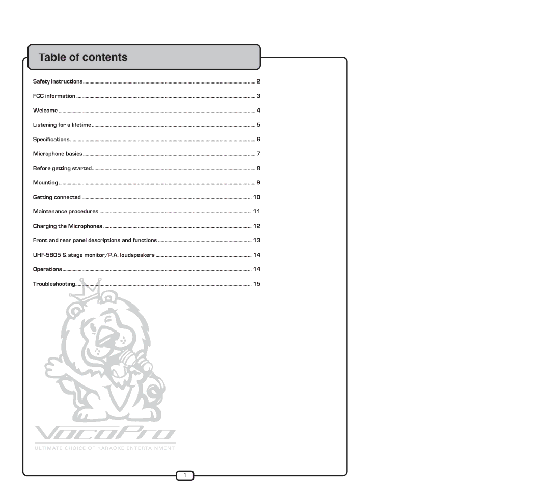 VocoPro UHF-5805 dimensions Table of contents 