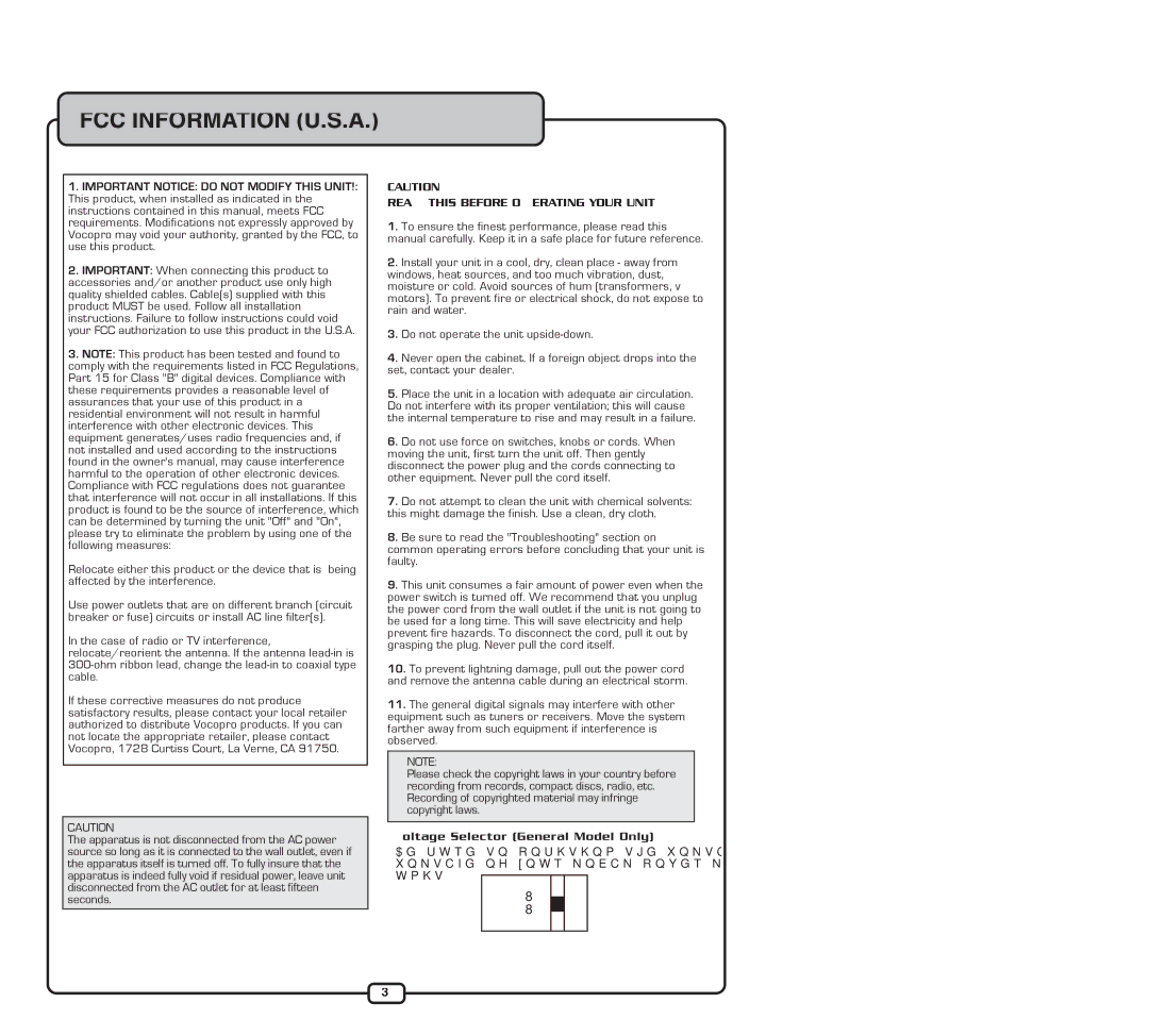 VocoPro UHF-5805 dimensions FCC Information U.S.A 