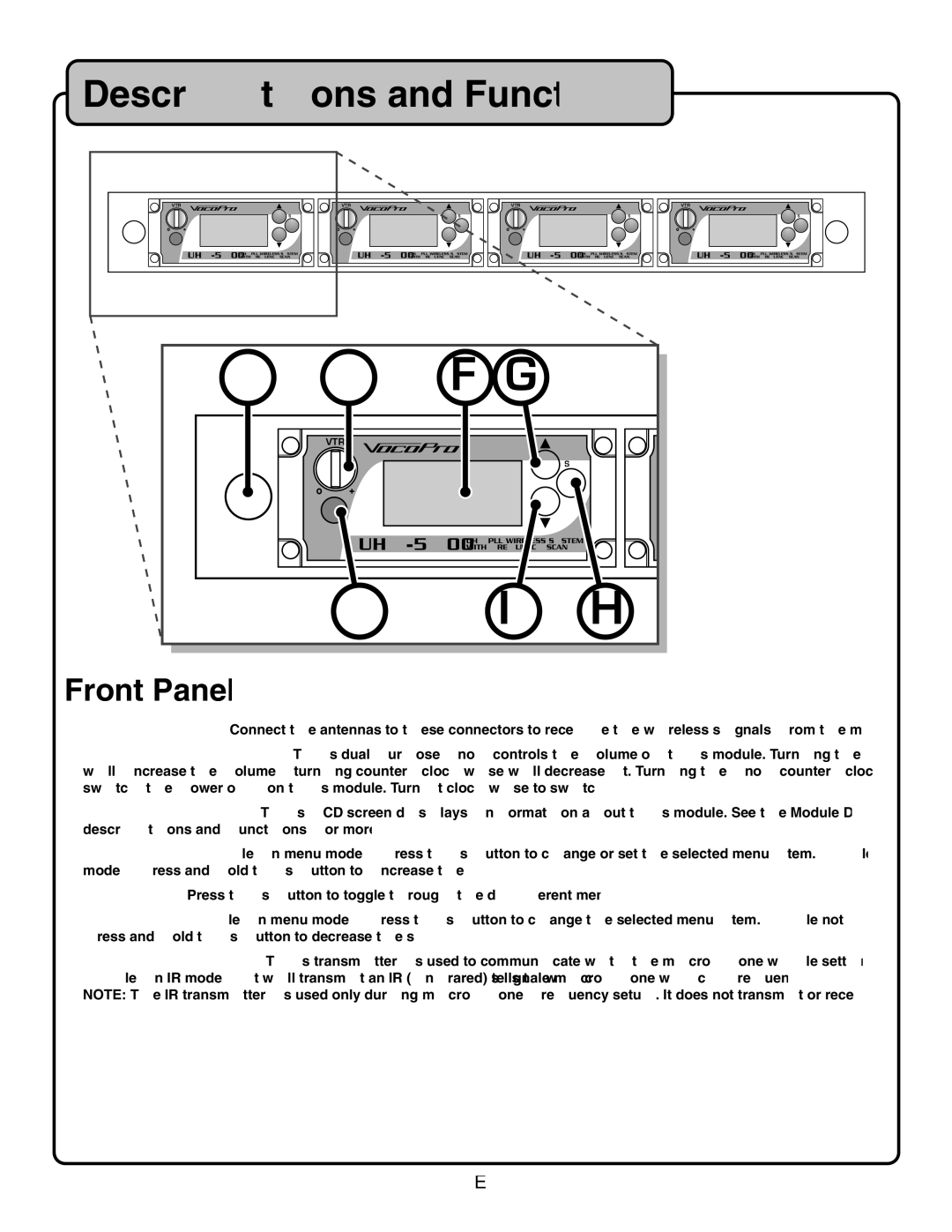 VocoPro UHF-5900 owner manual Descriptions and Functions, Front Panel 