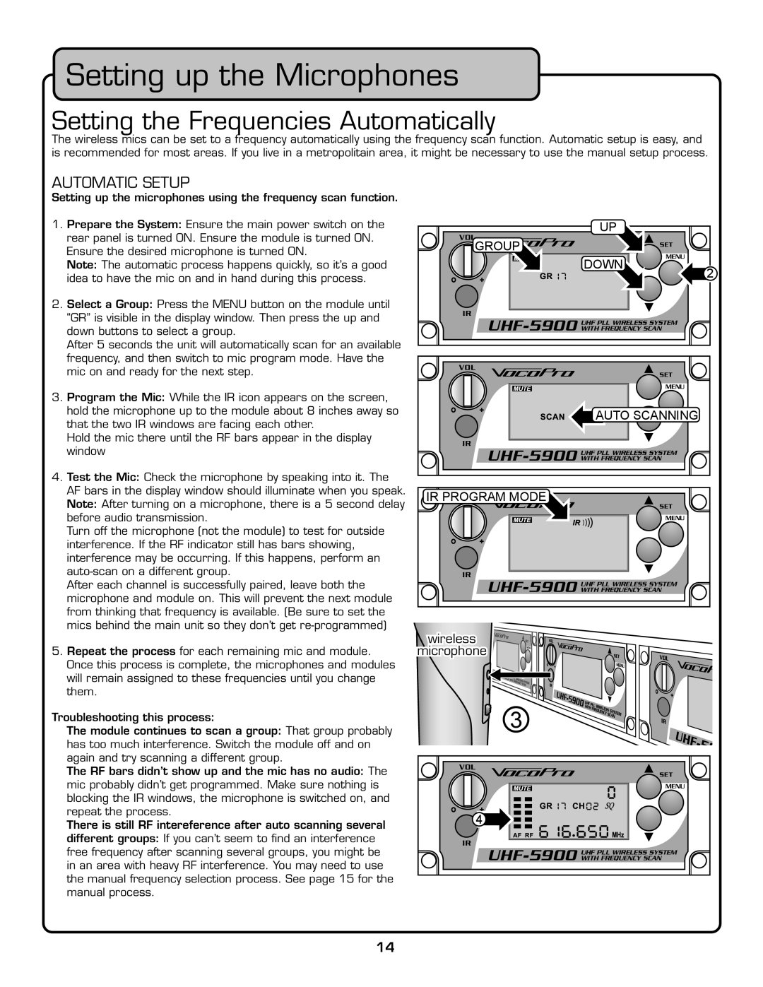 VocoPro UHF-5900 owner manual Setting the Frequencies Automatically, Automatic Setup 