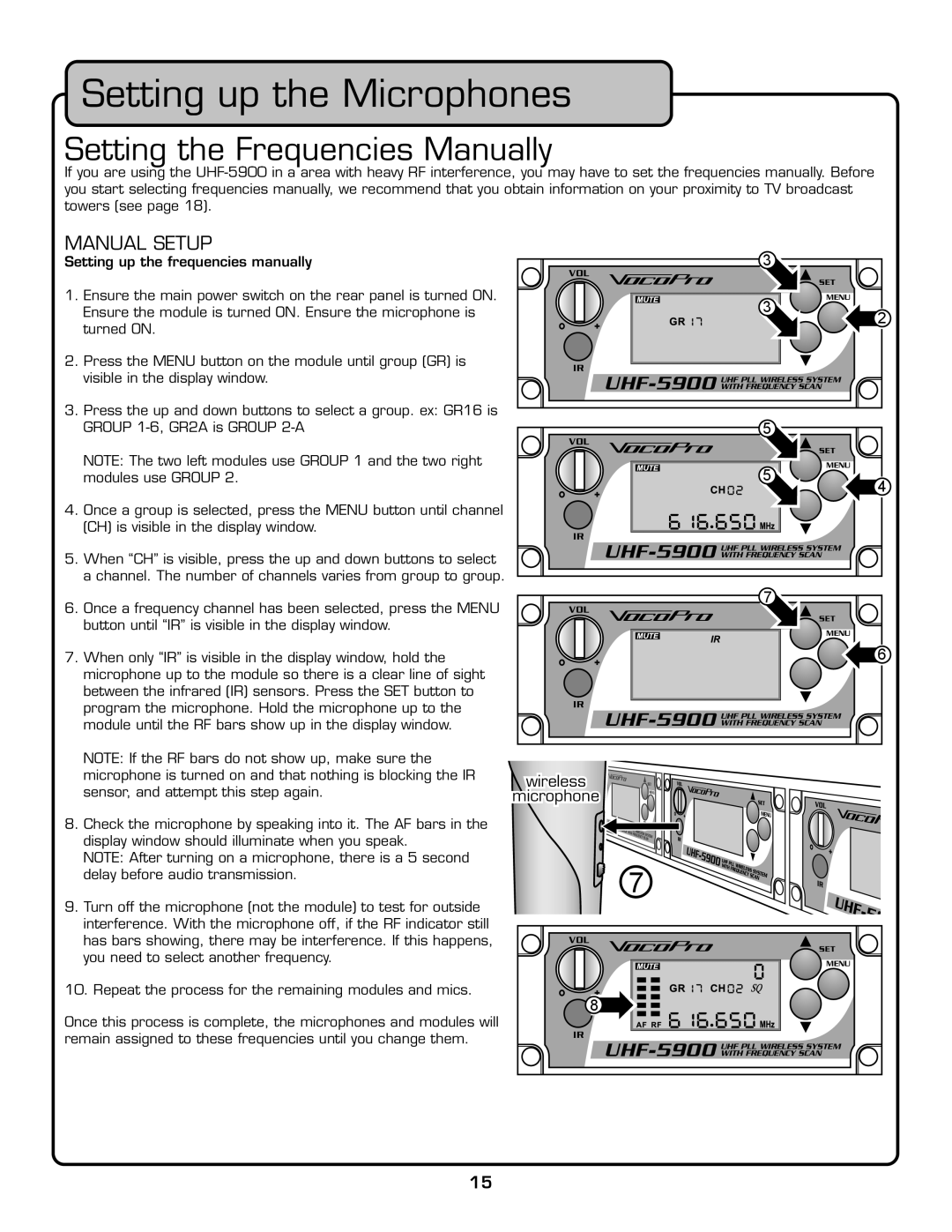 VocoPro UHF-5900 owner manual Setting the Frequencies Manually, Manual Setup 