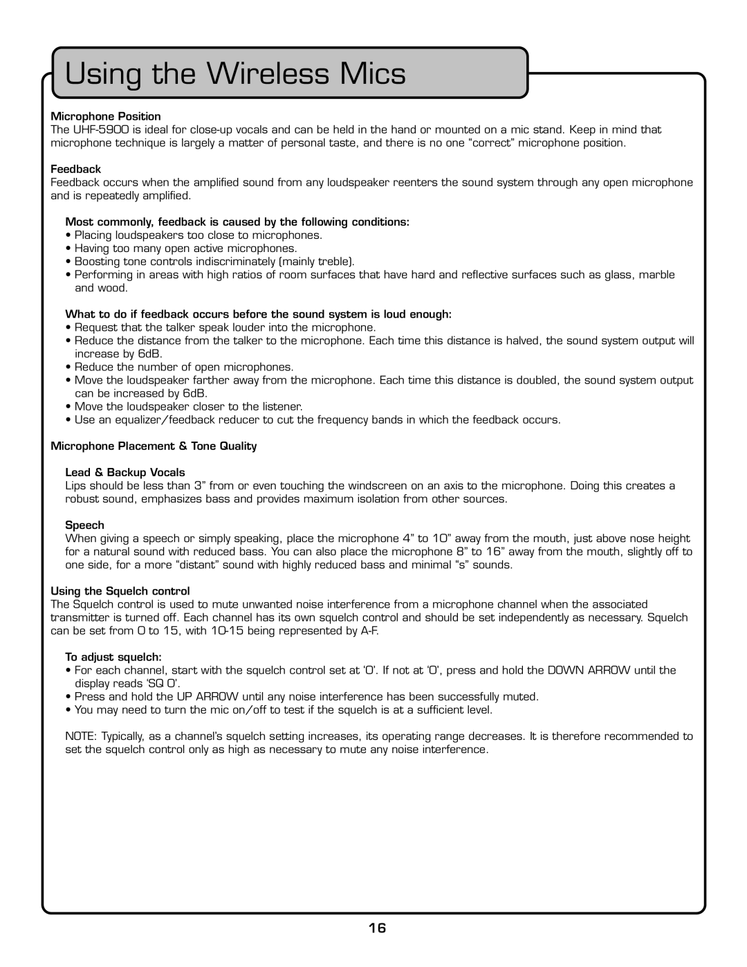 VocoPro UHF-5900 owner manual Using the Wireless Mics 