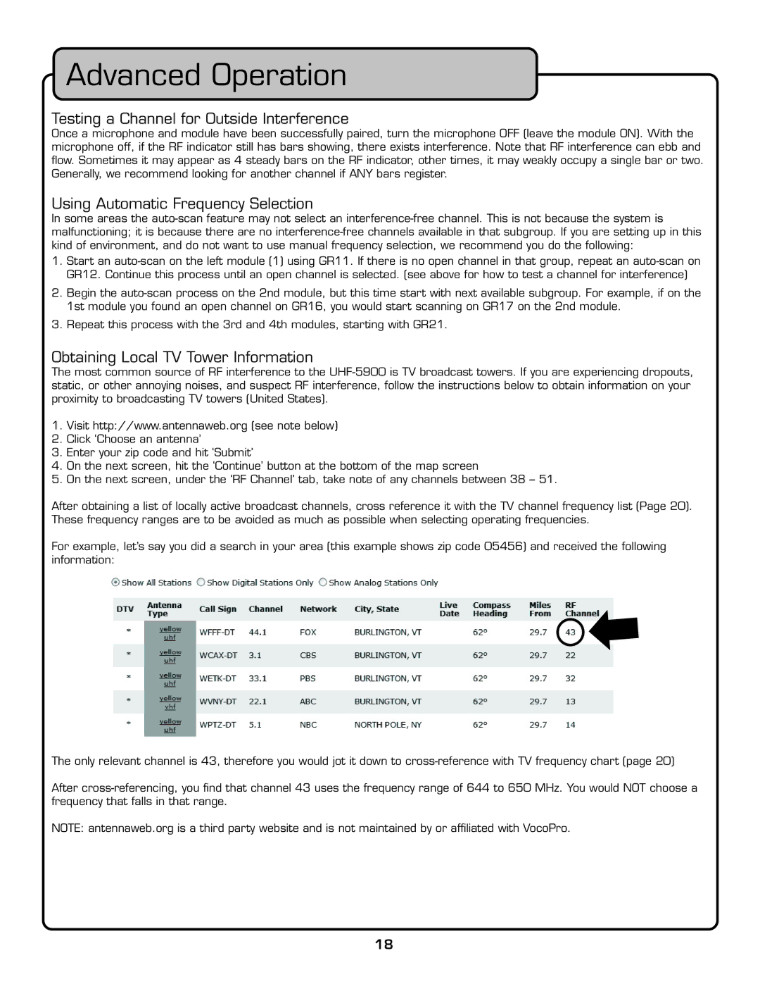 VocoPro UHF-5900 owner manual Advanced Operation, Testing a Channel for Outside Interference 