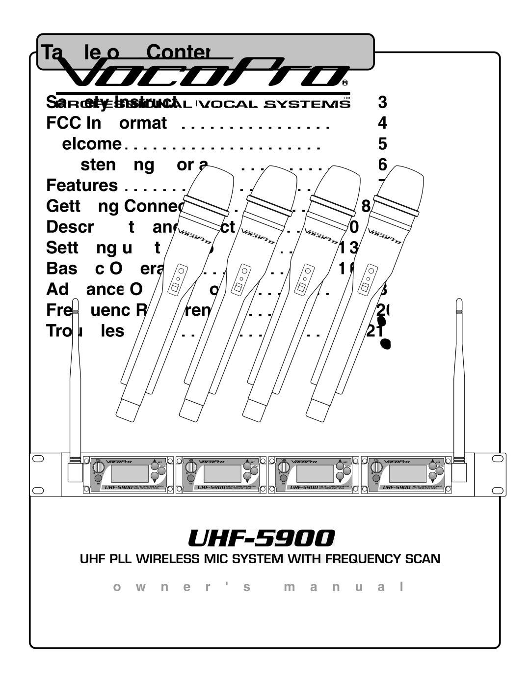 VocoPro UHF-5900 owner manual Table of Contents 