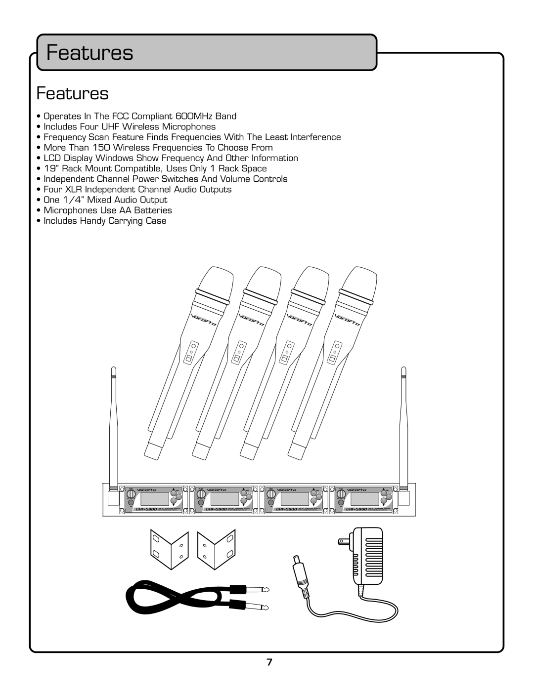 VocoPro UHF-5900 owner manual Features 