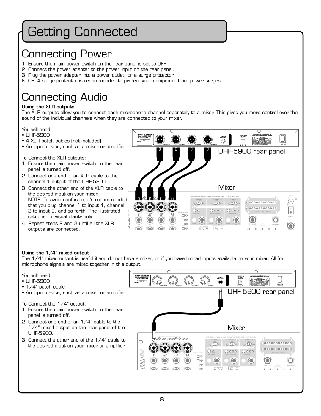 VocoPro UHF-5900 owner manual Getting Connected, Connecting Power, Connecting Audio 