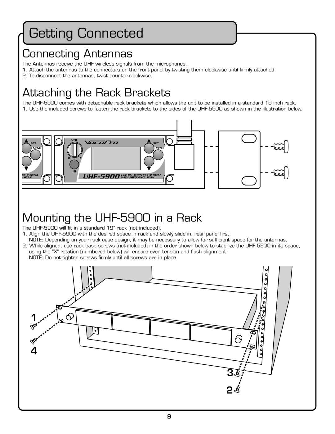 VocoPro owner manual Connecting Antennas, Attaching the Rack Brackets, Mounting the UHF-5900 in a Rack 