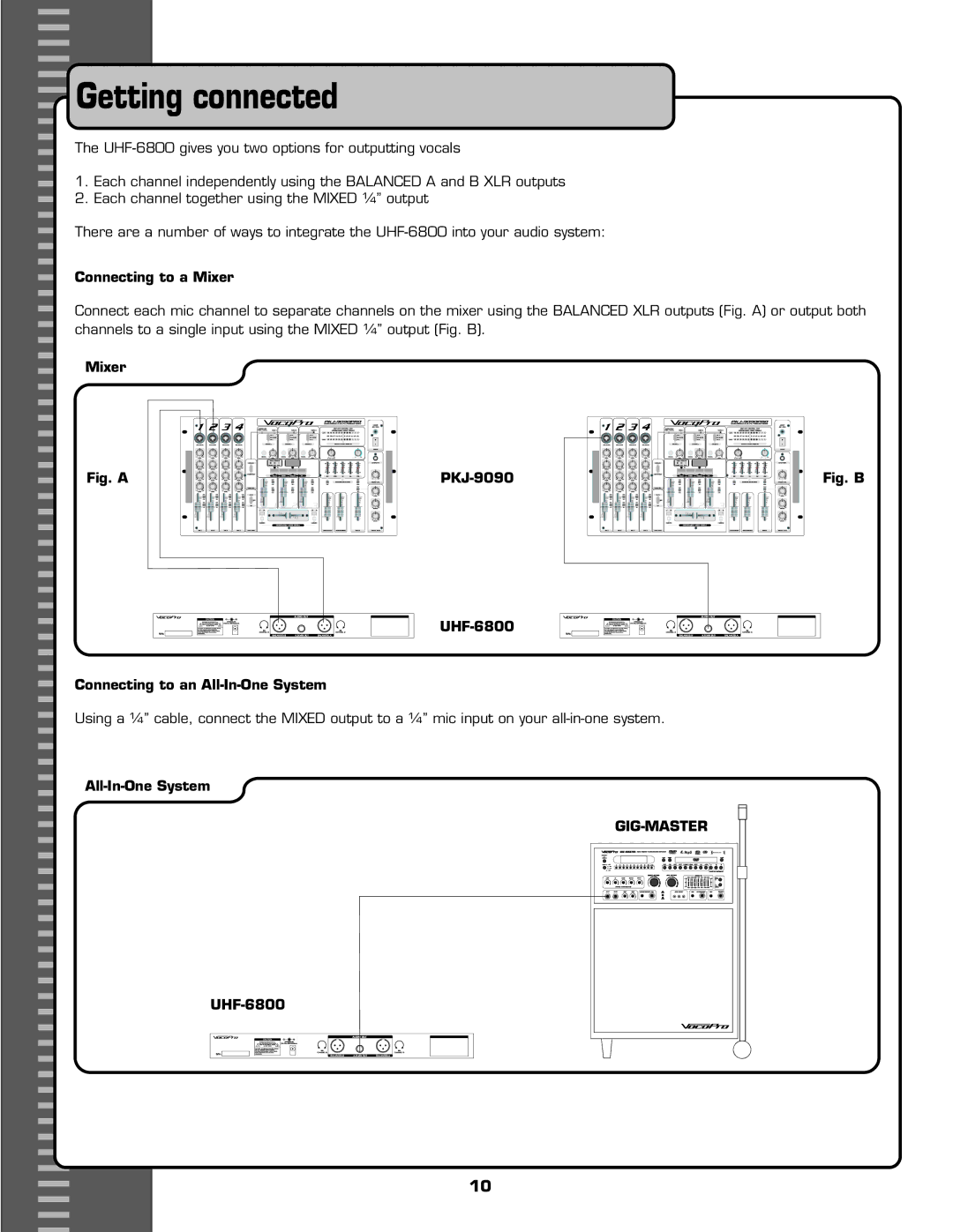 VocoPro UHF-6800 owner manual Getting connected, Connecting to a Mixer, All-In-One System 