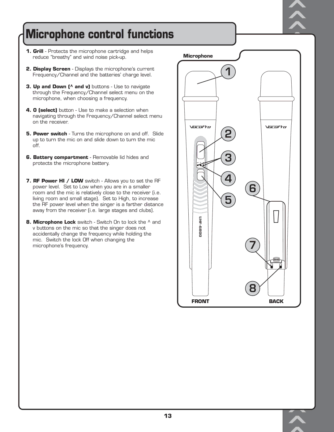 VocoPro UHF-6800 owner manual Microphone control functions 