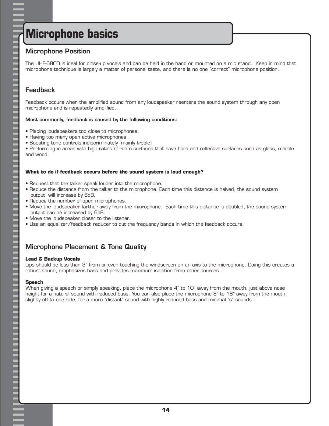 VocoPro UHF-6800 owner manual Microphone basics, Microphone Position, Feedback, Microphone Placement & Tone Quality 