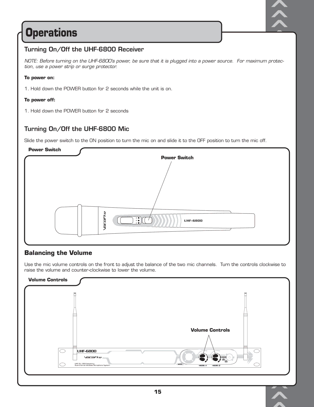 VocoPro owner manual Operations, Turning On/Off the UHF-6800 Receiver, Turning On/Off the UHF-6800 Mic 