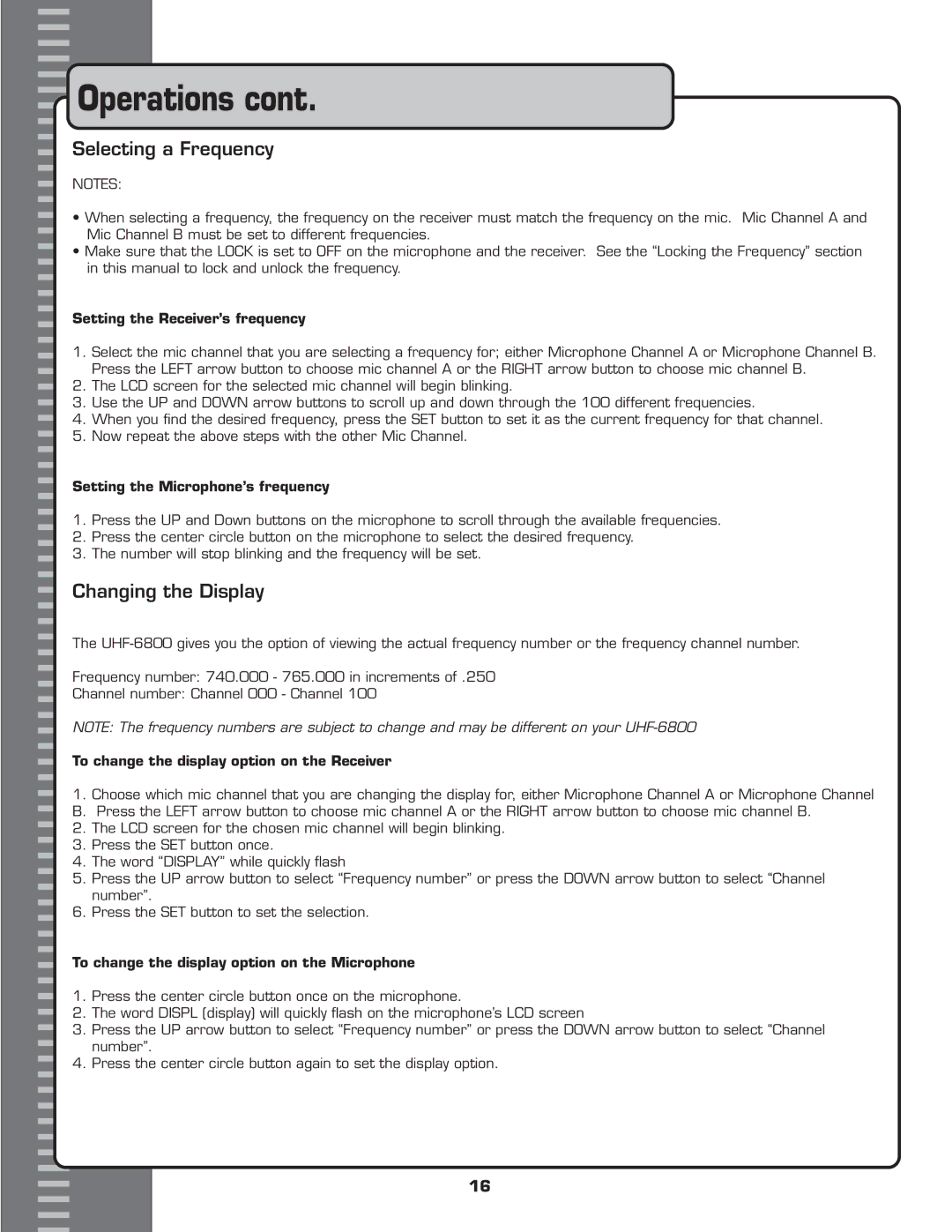 VocoPro UHF-6800 owner manual Selecting a Frequency, Changing the Display 