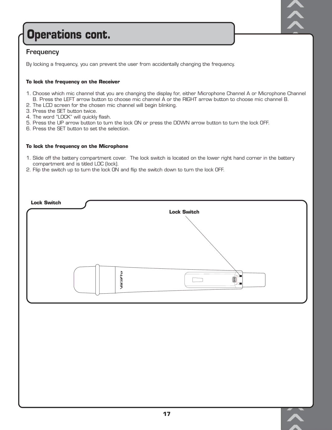 VocoPro UHF-6800 Frequency, To lock the frequency on the Receiver, To lock the frequency on the Microphone, Lock Switch 