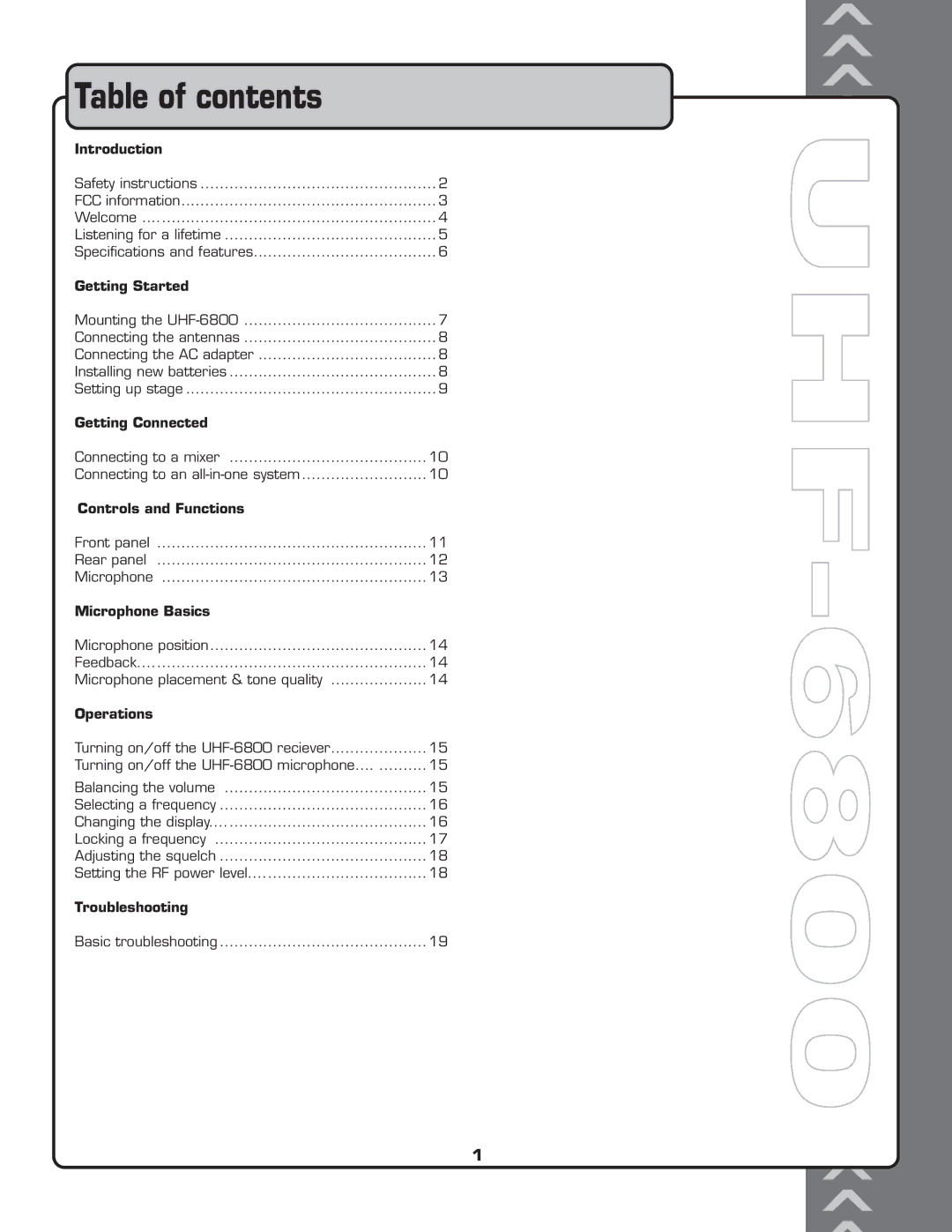 VocoPro UHF-6800 owner manual Table of contents 