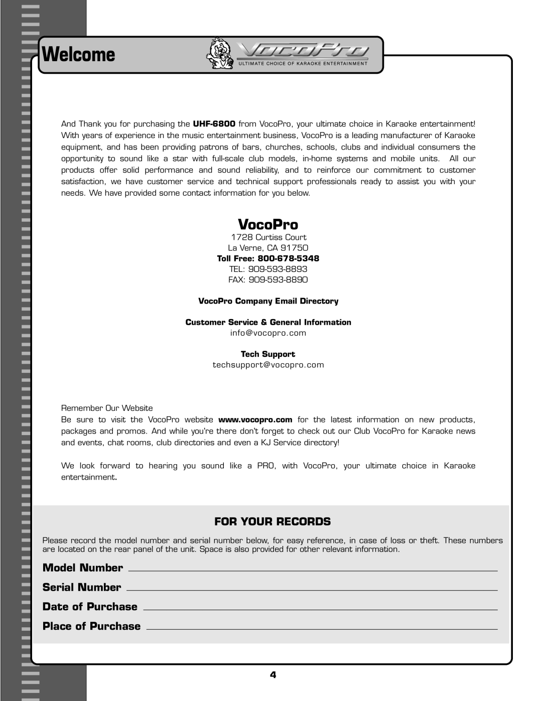 VocoPro UHF-6800 owner manual Welcome, Toll Free, Tech Support 