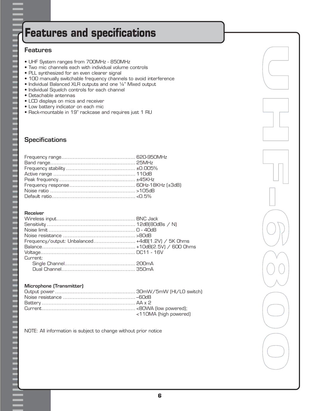 VocoPro UHF-6800 owner manual Features and speciﬁcations, Speciﬁcations 