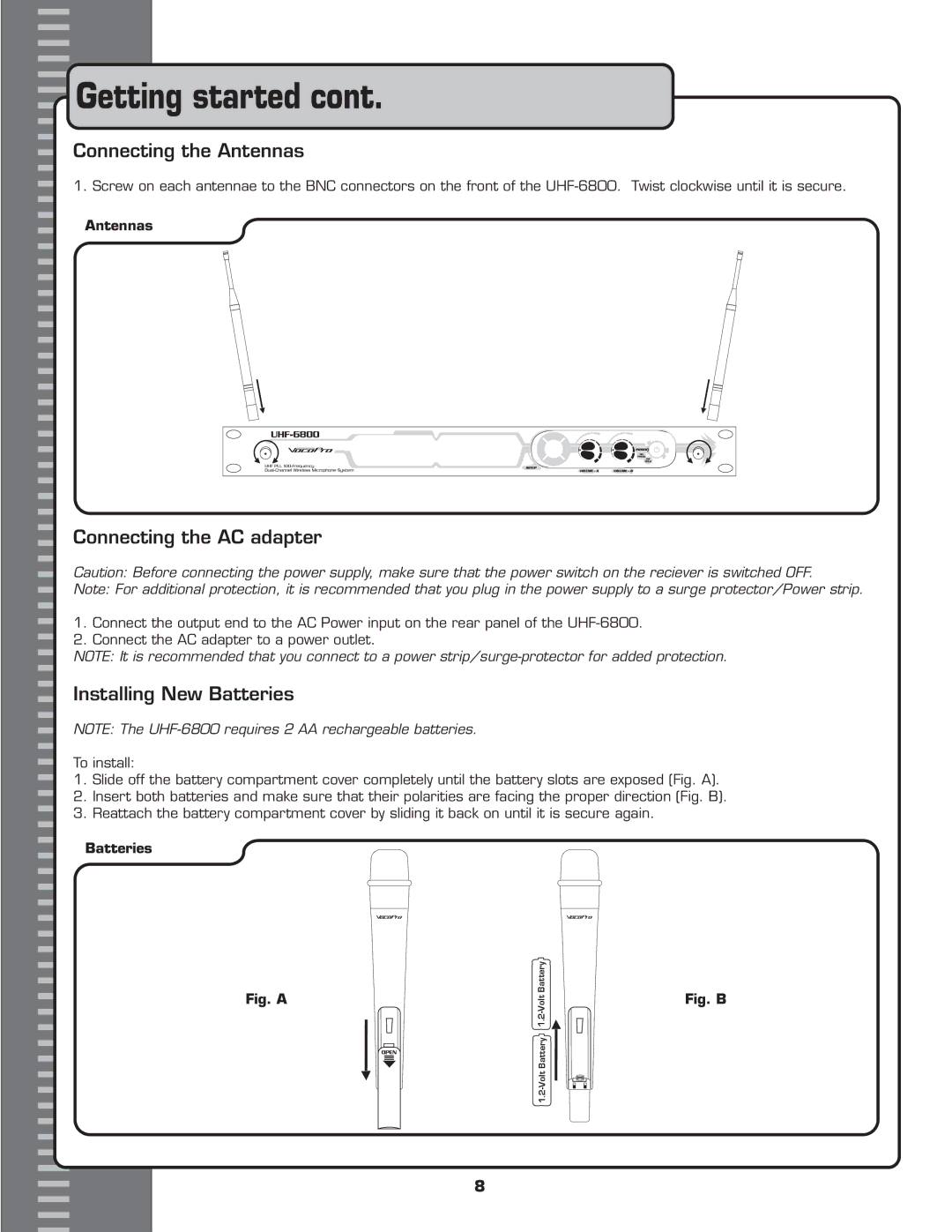 VocoPro UHF-6800 owner manual Connecting the Antennas, Connecting the AC adapter, Installing New Batteries 