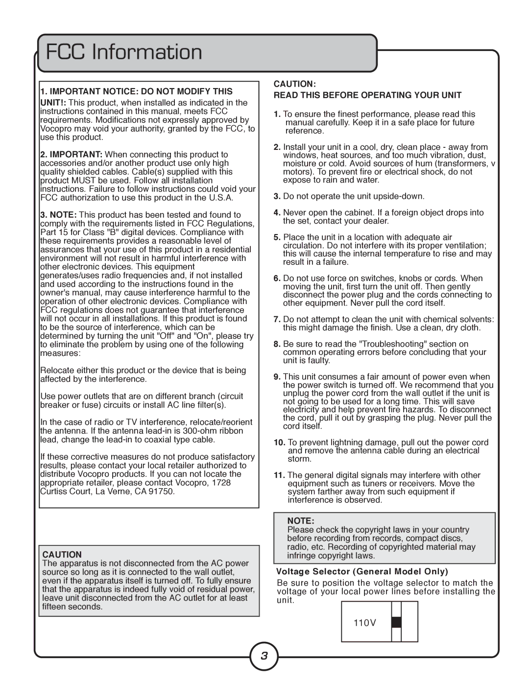 VocoPro UHF-8800 owner manual FCC Information, Important Notice do not Modify this 