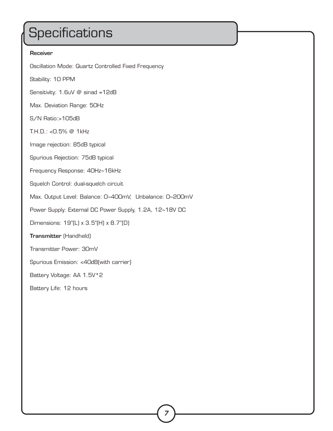 VocoPro UHF-8800 owner manual Speciﬁcations 