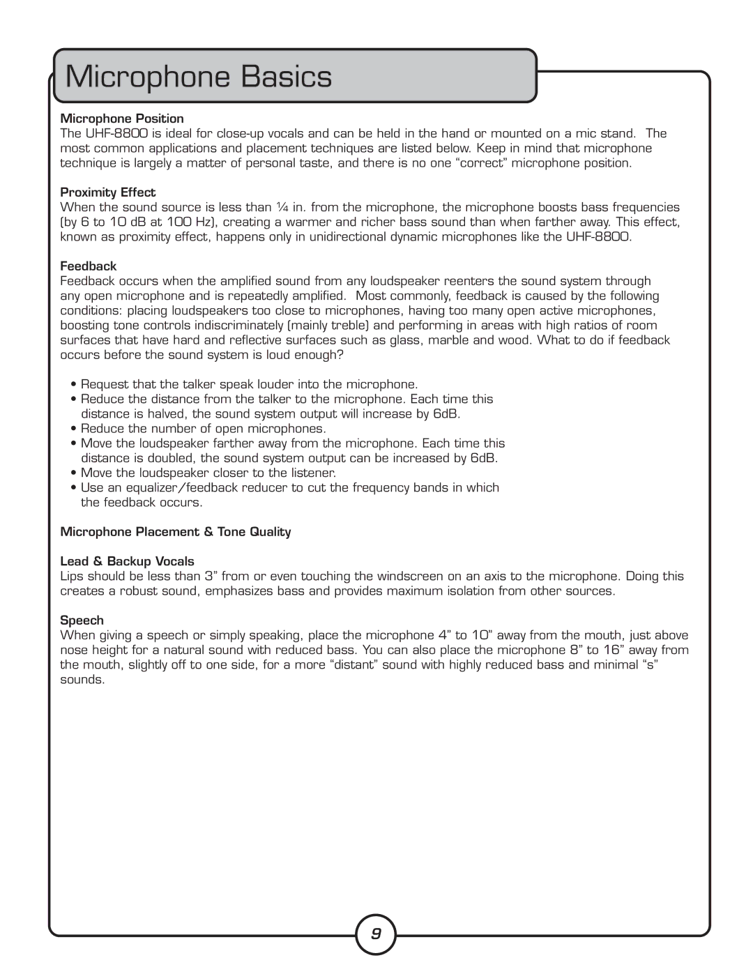 VocoPro UHF-8800 owner manual Microphone Basics 