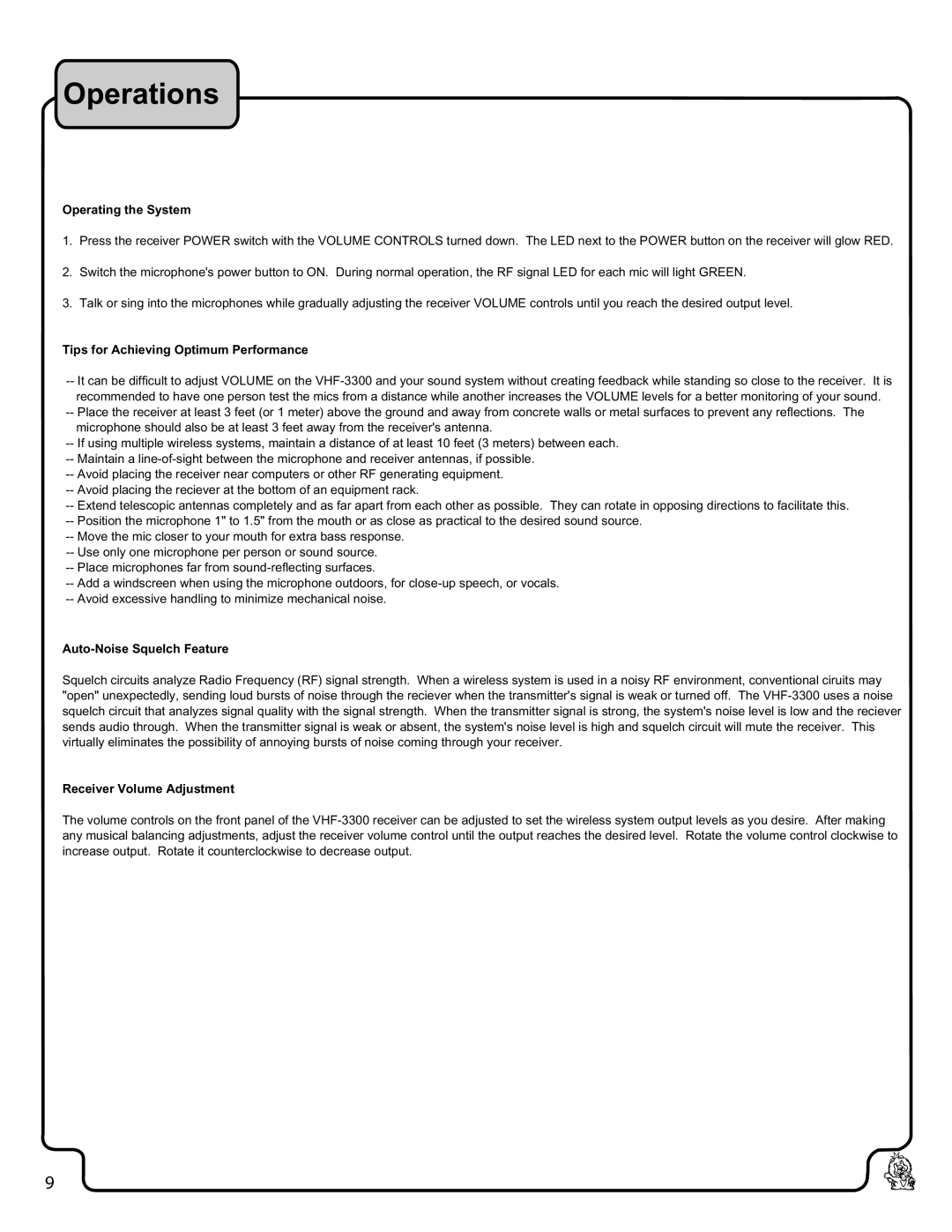 VocoPro VHF-3300 Operations, Operating the System, Tips for Achieving Optimum Performance, Auto-Noise Squelch Feature 