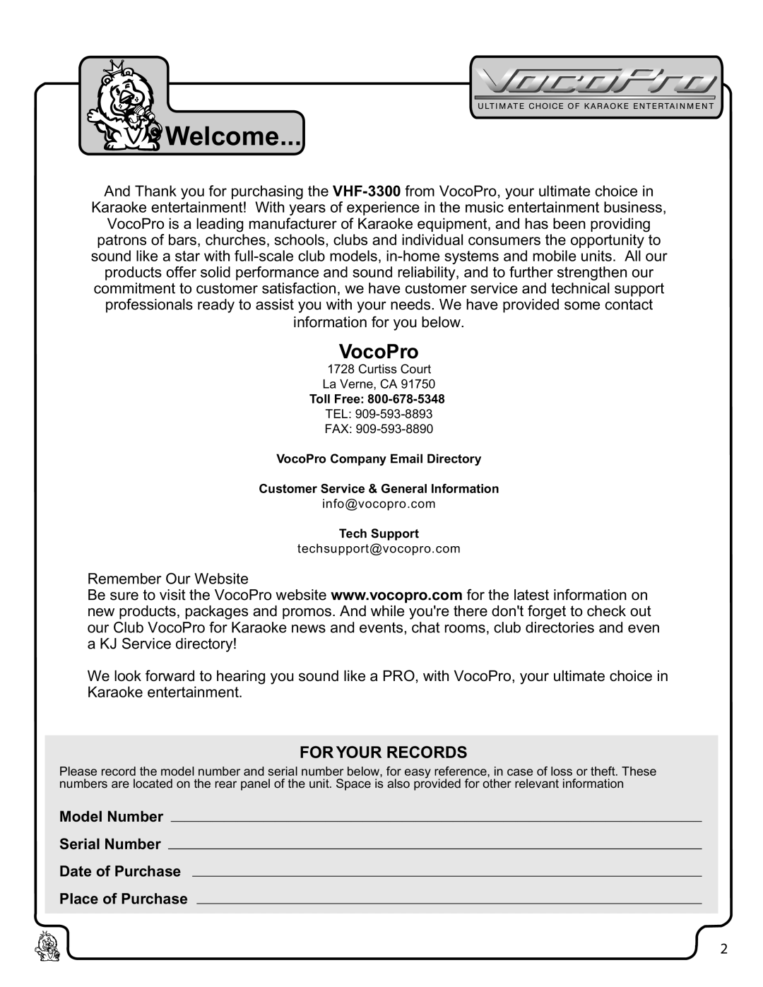 VocoPro VHF-3300 owner manual Welcome 