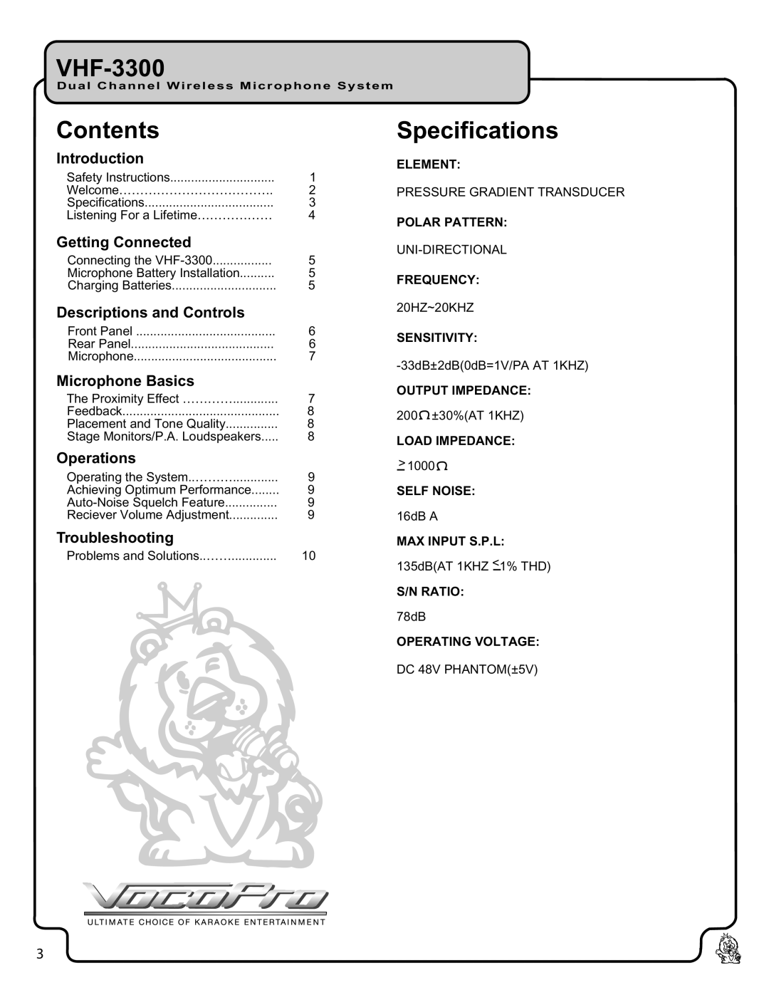 VocoPro VHF-3300 owner manual Contents Specifications 