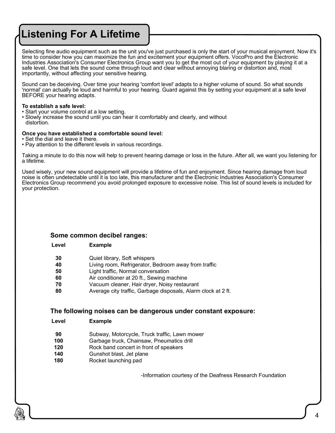 VocoPro VHF-3300 owner manual Listening For a Lifetime, Some common decibel ranges 